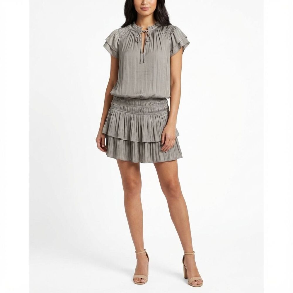 Current Air Gray Split Neck Flutter Sleeve Smocke… - image 1